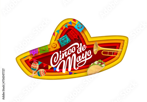 Cinco de Mayo paper cut Mexican sombrero banner with maracas and papel picado flags, vector holiday background. Mexican Cinco de Mayo celebration and fiesta party sombrero and taco in papercut layers