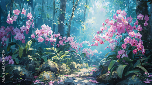 Ethereal painting of pink orchids blooming in a sunlit forest. photo