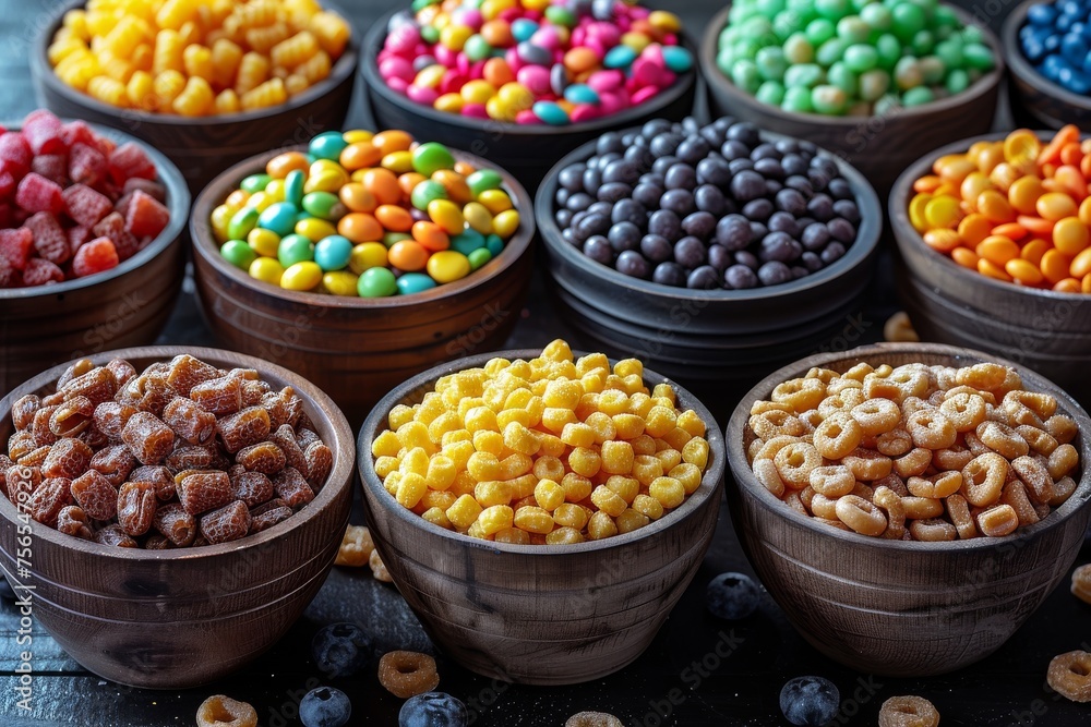 A selection of sweet snacks and cereals in wooden bowls on a dark wooden table