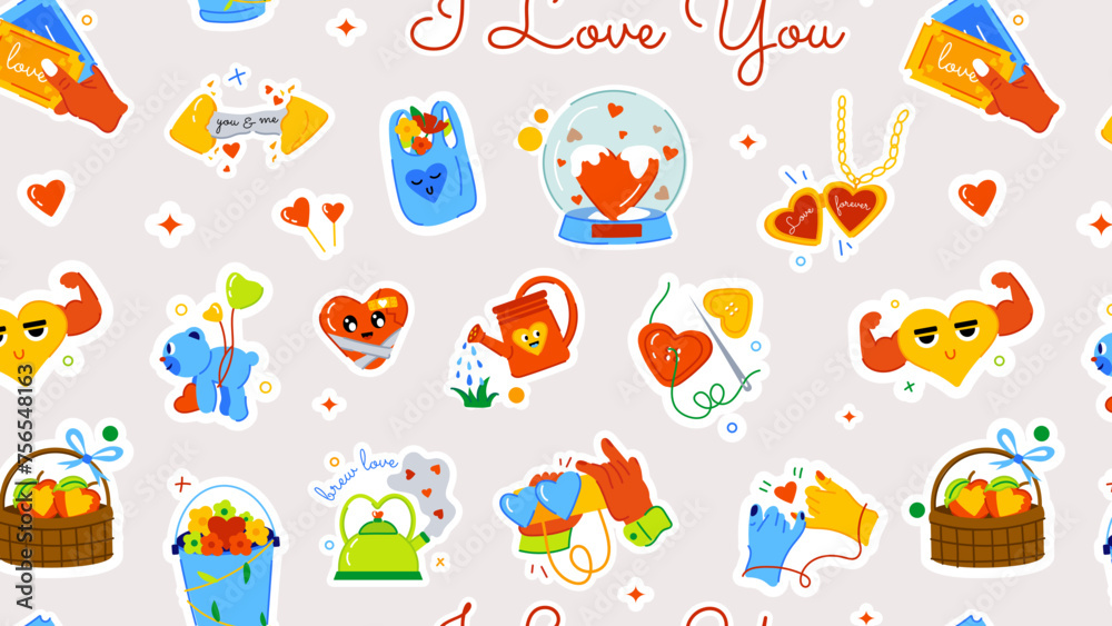 Typographic seamless pattern of happy valentines with romantic elements 