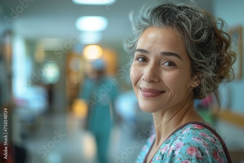 Cheerful mature woman with curly hair smiling in a hospital setting