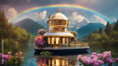 temple of heaven city Fantasy A house boat with a golden dome and a crystal chandelier, sailing on a river of liquid 