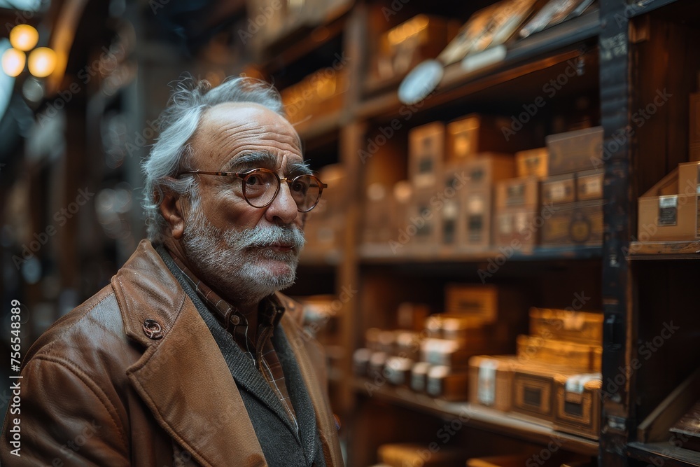 Serious elderly man with spectacles and beard wearing a leather jacket in a shop