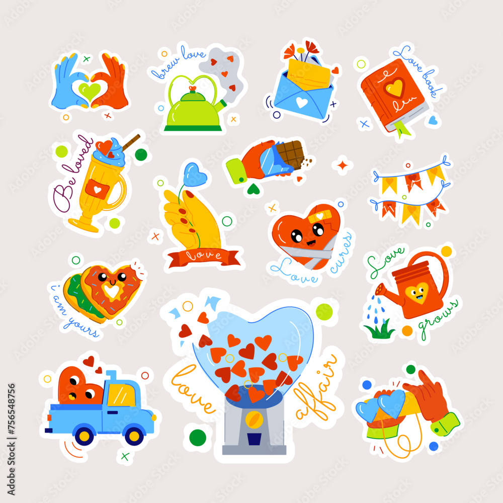 Fototapeta premium Flat style vector showcasing valentine celebration, decorative elements with cute typography