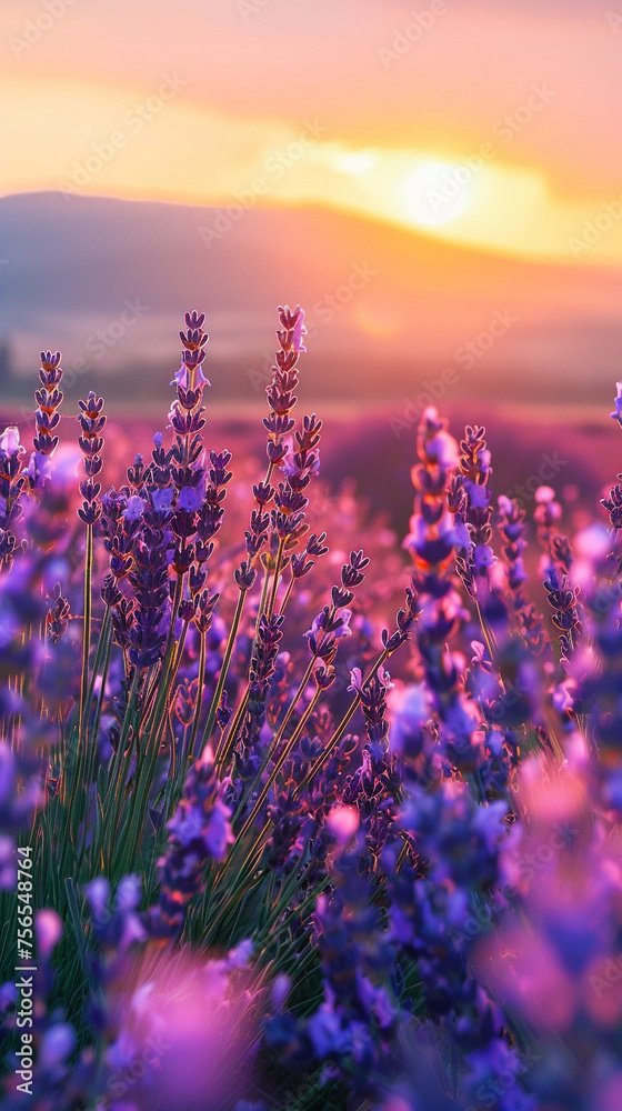 Naklejka premium Golden hour over a lavender field where the sunset creates a tranquil