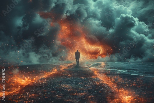 An epic scene depicting a solitary figure facing an intense and fiery explosion against a dramatic stormy sky backdrop