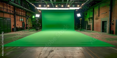 An empty contemporary film studio with a green screen. Concept Film Studio Setup, Green Screen Technology, Modern Set Design, Minimalist Studio Space photo