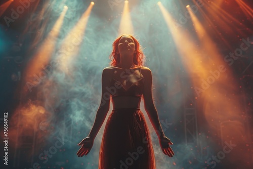 A female figure stands center stage with beams of light and haze for a dramatic effect This captures the emotion of a live performance