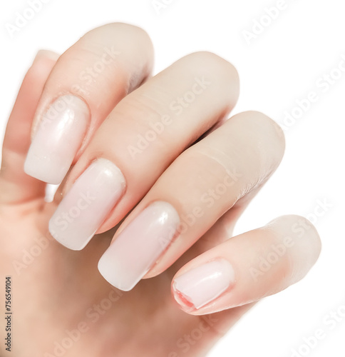 Broken nail on a woman's hand white background. damaged extended nail
