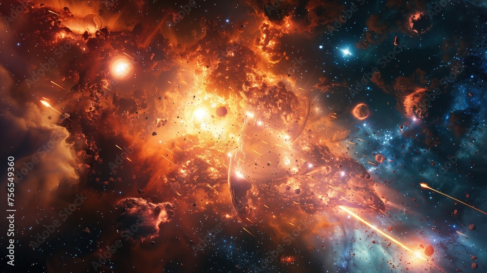 Celestial Inferno, cosmic scene interstellar activity, fiery comets streak across a star-studded backdrop, marked by the geological wonders of asteroids and the mysterious depths of space dust clouds Celestial Inferno, cosmic scene interstellar activity, fiery comets streak across a star-studded backdrop, marked by the geological wonders of asteroids and the mysterious depths of space dust clouds