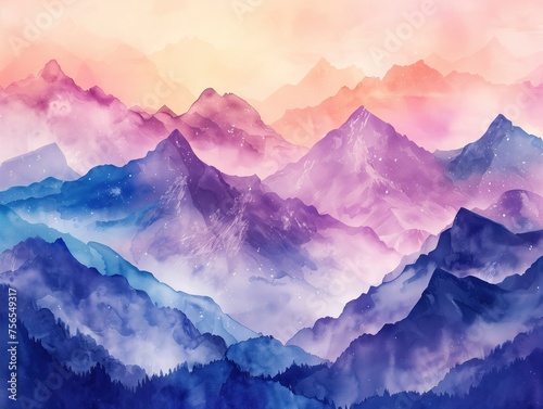 Celestial Dawn over the Peaks, watercolor a mountain range at dawn, with a gradient of pink to purple hues cascading across the peaks under a star-speckled sky.