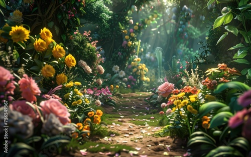 Enchanted Garden Pathway, A lush and vibrant garden path is bathed in sunlight that filters through the dense foliage, illuminating a riot of colorful flowers in a peaceful, magical setting.