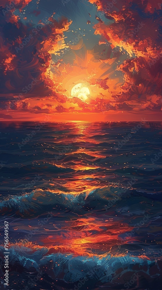 A depiction of a fiery sunset over the ocean, with the sun's reflection on the water created through thick impasto strokes. Vertical oil painting.