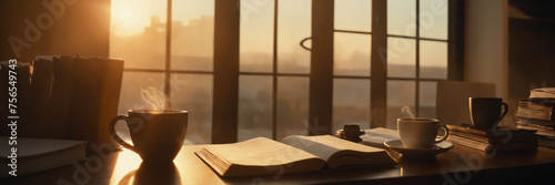 Interior of a room. A steaming cup of coffee on a cluttered desk, surrounded by books and papers, while the sunset light filters through the window