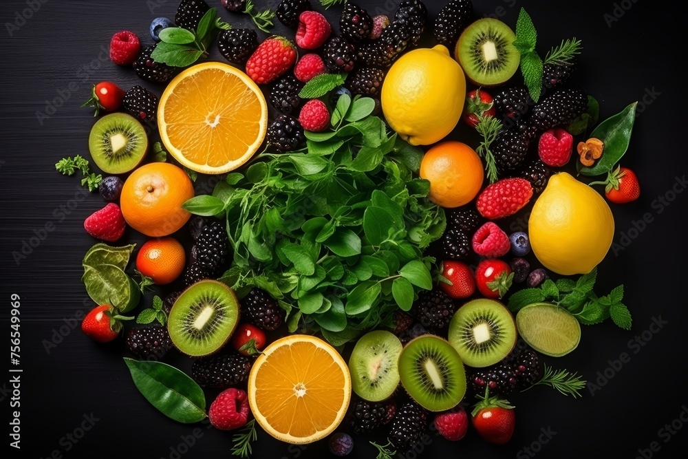 Assortment of fresh fruits and vegetables, top view