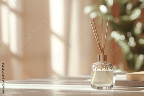 mockup diffuser bottle made of glass with sticks stay in living room, minimalist, copy space for text, beige color background. Concept aromatherapy and relaxing. Air freshener