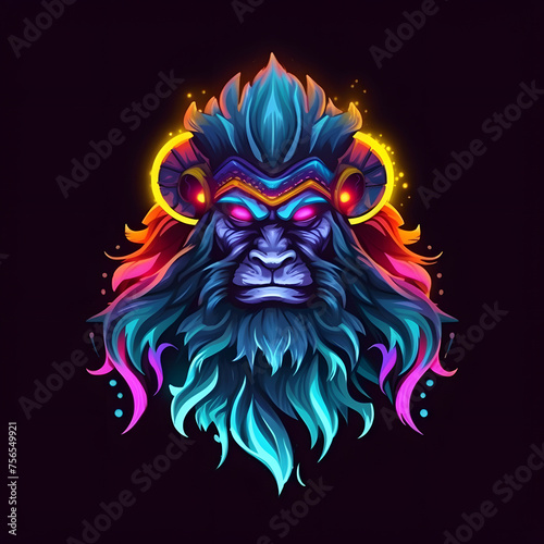 Colorful Troll Warrior Mascot Isolated on Black Background. Scary Monster Illustration for T-shirt Design