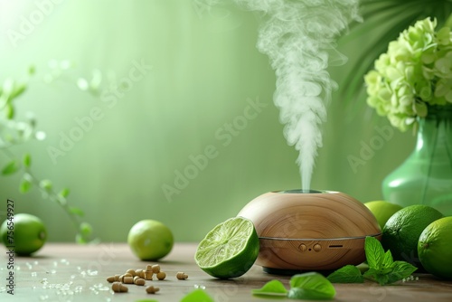 An essential oil diffuser with lime on the table, minimalism, light green background, copy space for text. Concept aromatherapy and relaxing. Air freshener