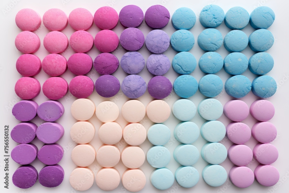 Various colorful pills creatively arranged in an interesting composition on a clean white background Various colorful pills creatively arranged in an interesting composition on a clean white background