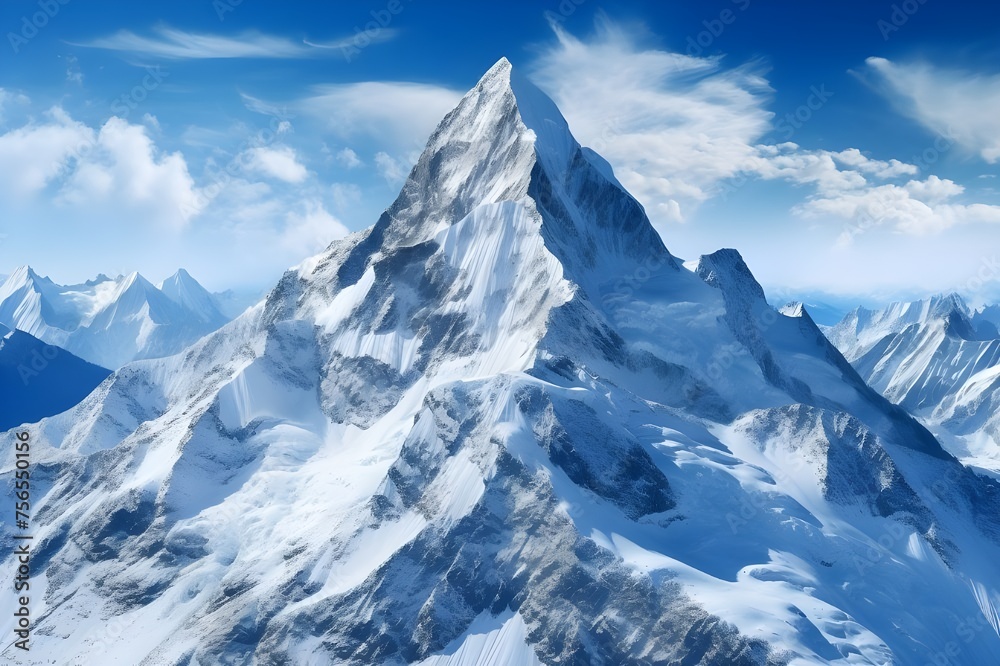 Mountain Majesty: Majestic snow-capped peaks against a clear blue sky, inspiring awe and a sense of adventure.

