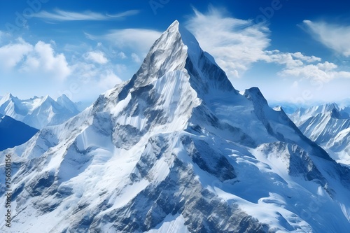 Mountain Majesty: Majestic snow-capped peaks against a clear blue sky, inspiring awe and a sense of adventure.