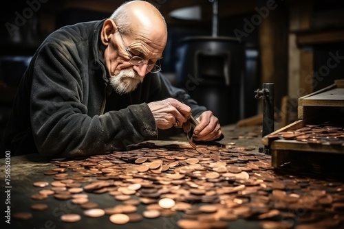 Closeup of elderly mans hands counting pennies, poverty and financial struggle concept