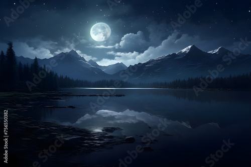 Moonlit Lake: A serene lake under the soft glow of the moon, creating a dreamlike and peaceful scene.