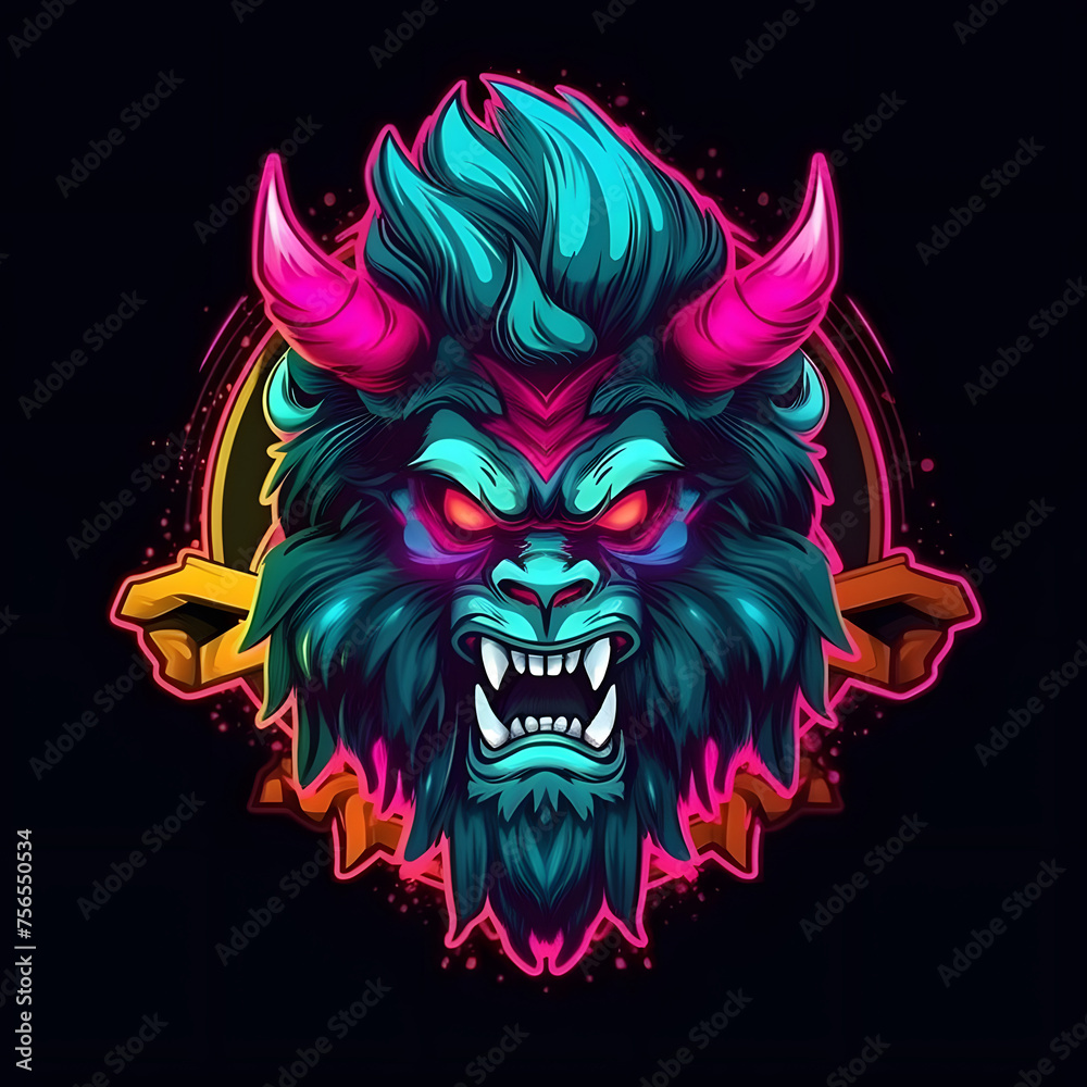 Colorful Troll Warrior Mascot Isolated on Black Background. Scary Monster Illustration for T-shirt Design