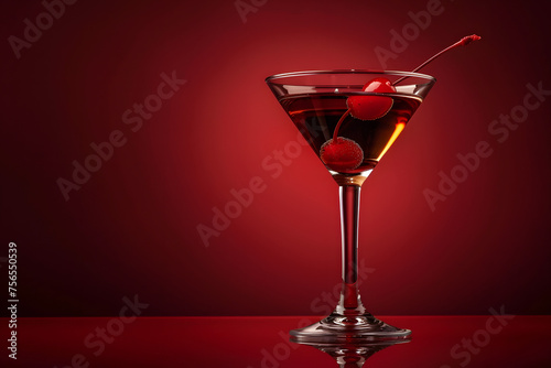 Manhattan cocktail with a cherry, isolated on a deep, sophisticated maroon background, representing classic New York elegance 