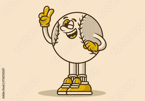 Character illustration of baseball ball with hands forming a symbol of peace. Vintage colors