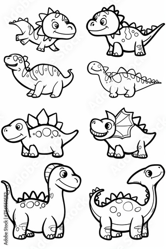 Collection set of out line child's coloring book cartoon dinosaurs of different species