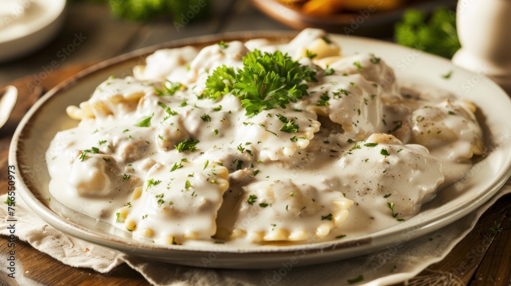 ravioli on a plate with cream sauce ravioli on a plate with cream sauce