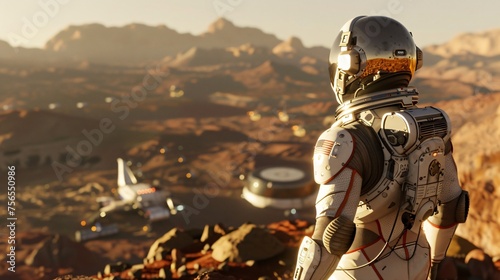 An astronaut on Mars using a hydrogen fuel cell to power the base and vehicles with the red planet landscape in the background