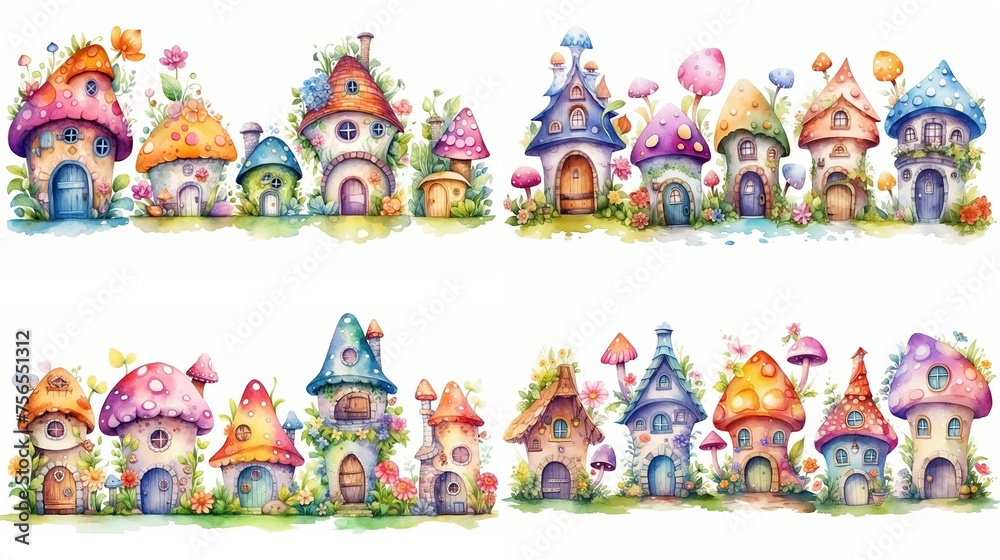 Naklejka premium Title watercolor style cartoon illustration of fable fairytale mushroom house village with blossom flower isolated on white background, collection set, Generative Ai