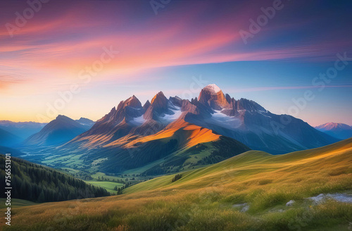 landscape, sunset scene in nature with mountains and forest, trees and hills. Beautiful landscape of mountains and wild forest. Green meadows with mountains in the background
