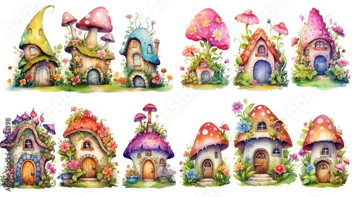 Title watercolor style cartoon illustration of fable fairytale mushroom house village with blossom flower isolated on white background, collection set, Generative Ai