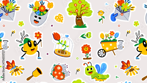 A garden pattern designed with various springtime elements, cute insects, and happy flowers