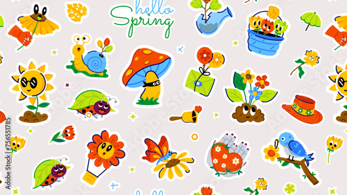 Seamless spring pattern showcasing happy sunflowers, pleasant spring days, and lovely insects
