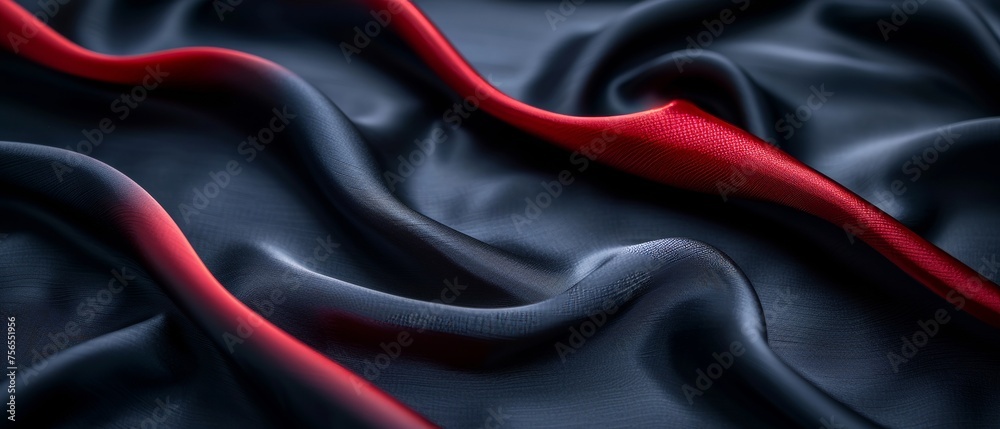 Elegant red silk satin. Soft pleats. Shiny fabric. A dark luxury background with room for design. Christmas, Birthday, Valentine's Day. Festive concept. Banner. Flat lay, Table top perspective.