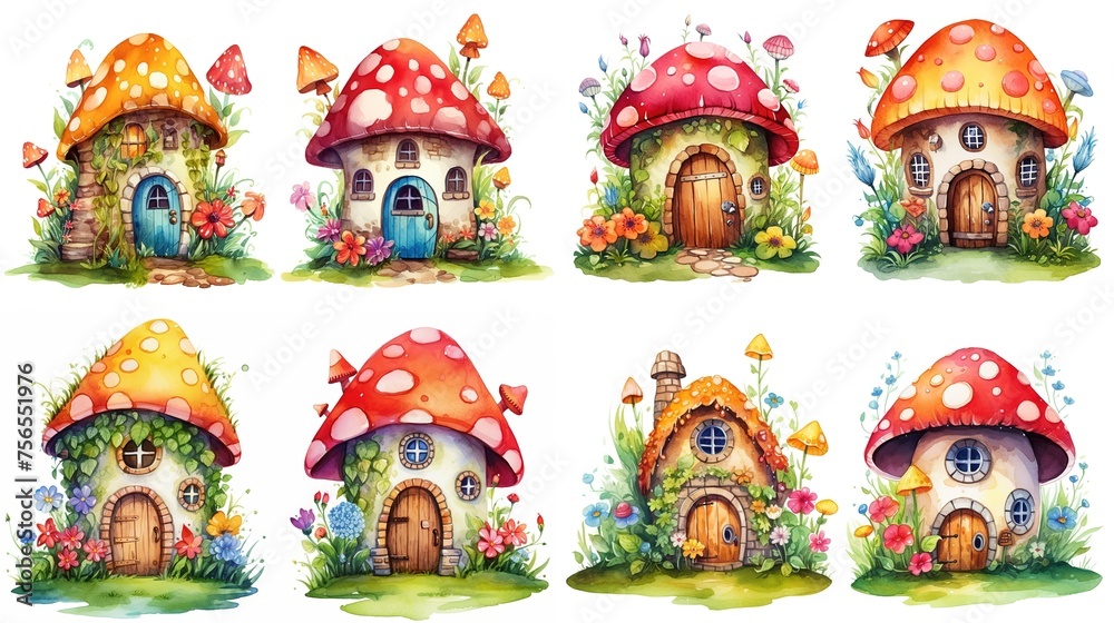 Title	
watercolor style cartoon illustration of fable fairytale mushroom house village with blossom flower isolated on white background, collection set, Generative Ai