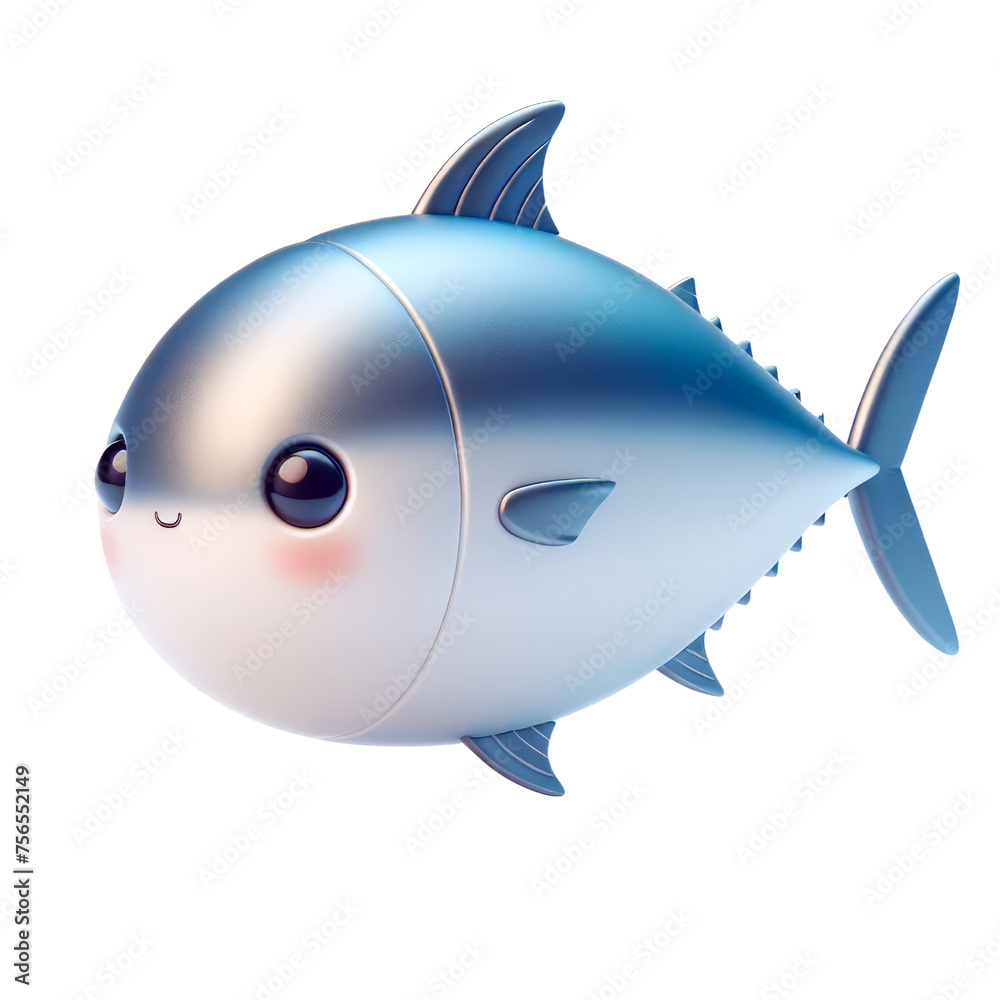 Fototapeta premium A cartoonish fish with a smile on its face. The fish is silver and has a blue tail