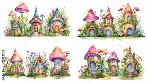 Title	
watercolor style cartoon illustration of fable fairytale mushroom house village with blossom flower isolated on white background, collection set, Generative Ai