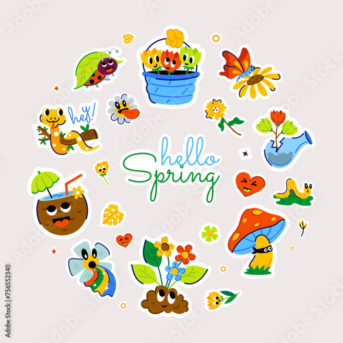 Typographic hello spring vector symbolizing joyous elements like blossoming flowers, friendly worms, and beautiful vases  