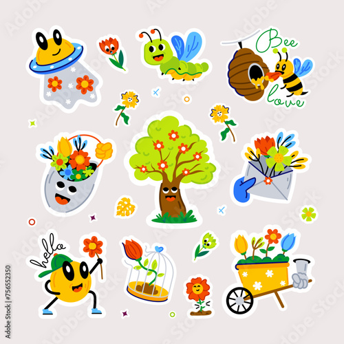 A garden vector designed with various springtime elements, cute insects, and happy flowers 
