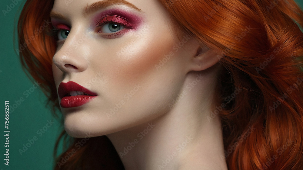 Fototapeta premium Beautiful red hair female eyes with long eyelashes eyeliner Eyelash extension Makeup cosmetics beauty Close up macro Beautiful woman face make-up master blush on cheeks beauty model girl portrait of a