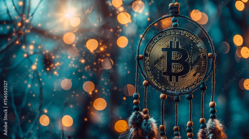 A Bitcoin medallion hangs within a traditional dreamcatcher against a backdrop of warm, golden bokeh lights.