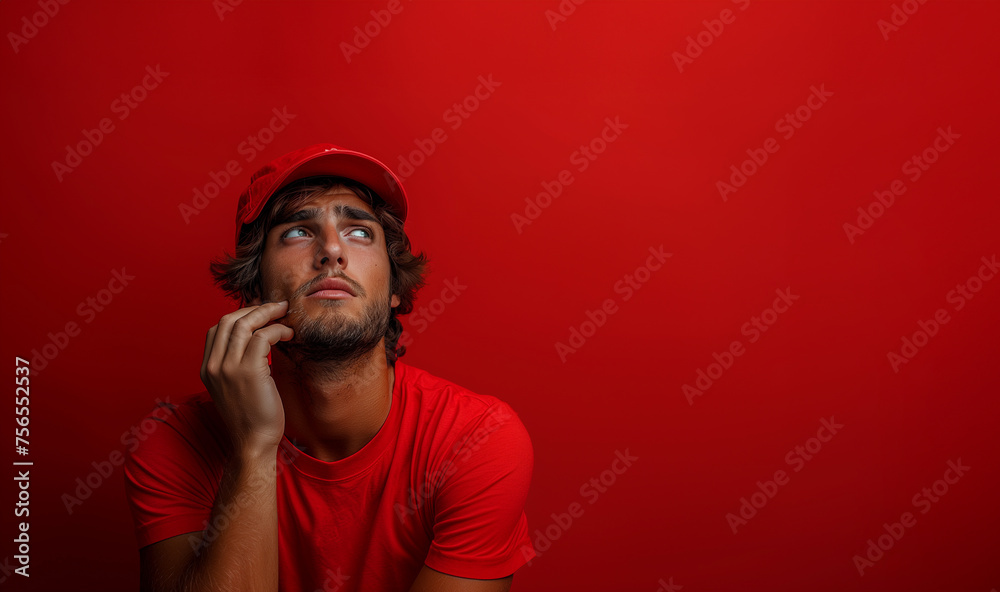 20s white man, confused and thinking, with his hand on his face, red t-shirt and red cap, looking at an empty space, on red color background 20s white man, confused and thinking, with his hand on his face, red t-shirt and red cap, looking at an empty space, on red color background