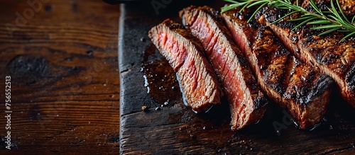 Grilled top sirloin or cup rump beef meat steak on wooden board
