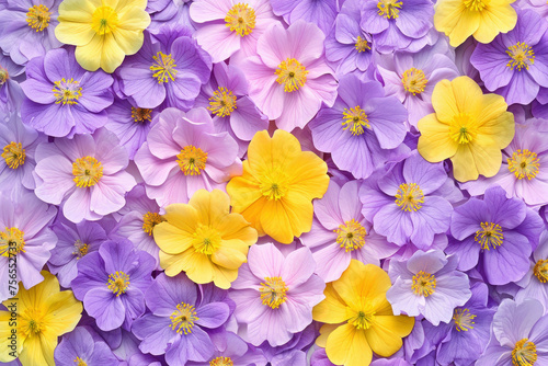 Vibrant Purple and Yellow Flowers Blooming in a Beautiful Nature Background with Focus on a Yellow Flower