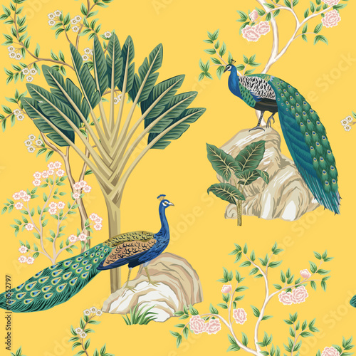 Vintage botanical garden floral tree, palm tree, peacock, plant, flower seamless pattern yellow background. Exotic chinoiserie wallpaper.